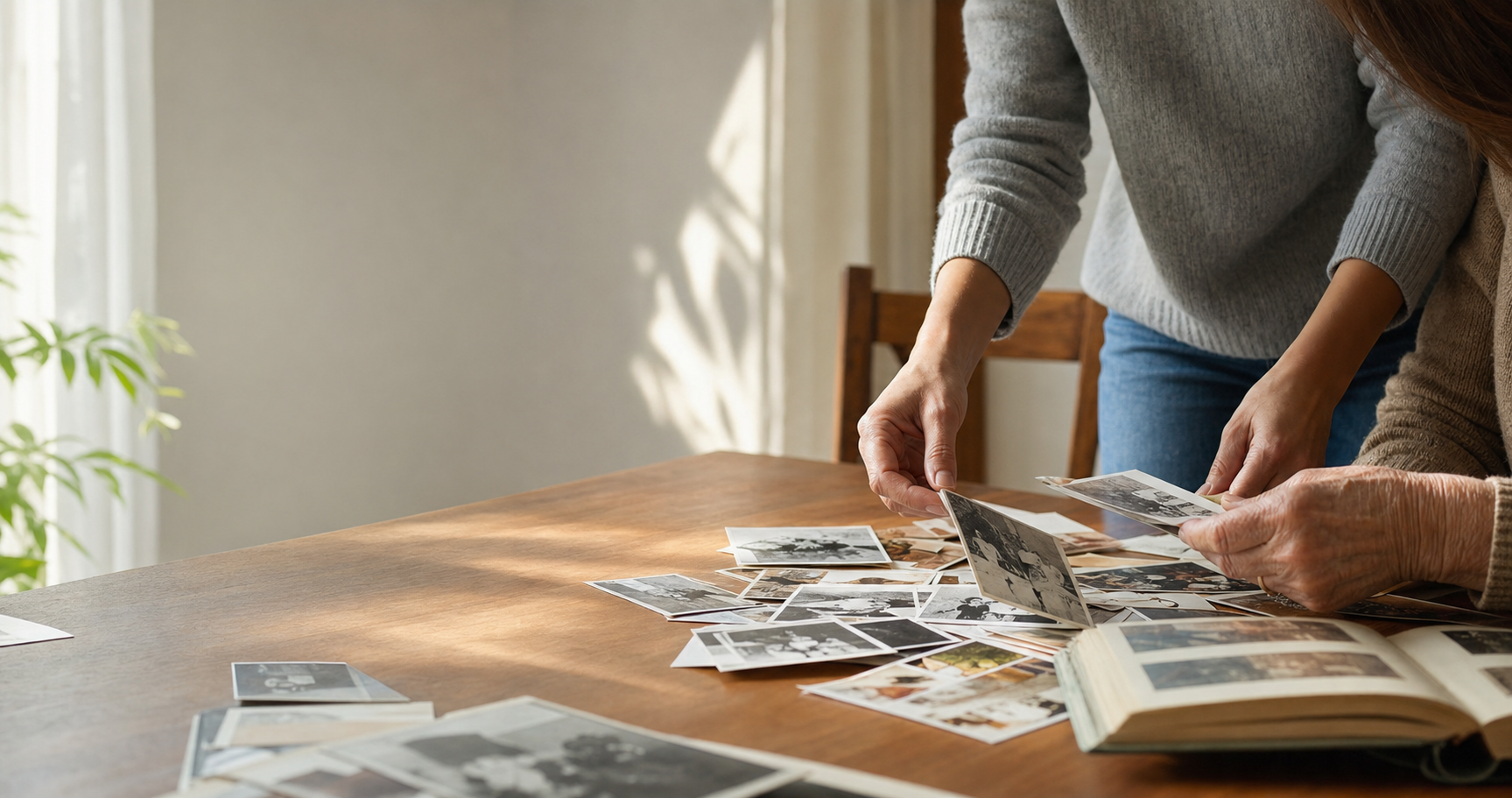Duas gerações organizando fotografias de família em uma mesa